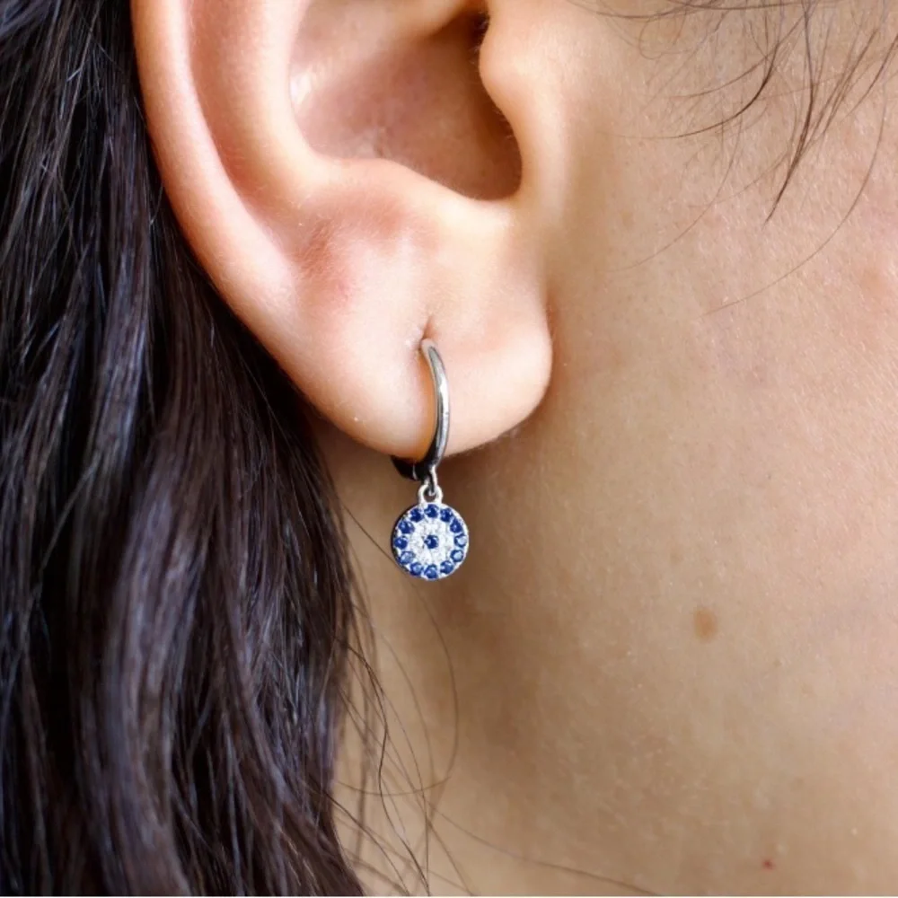 925 sterling Silver Evil Eye Dazzling Blue  Crystal Earrings